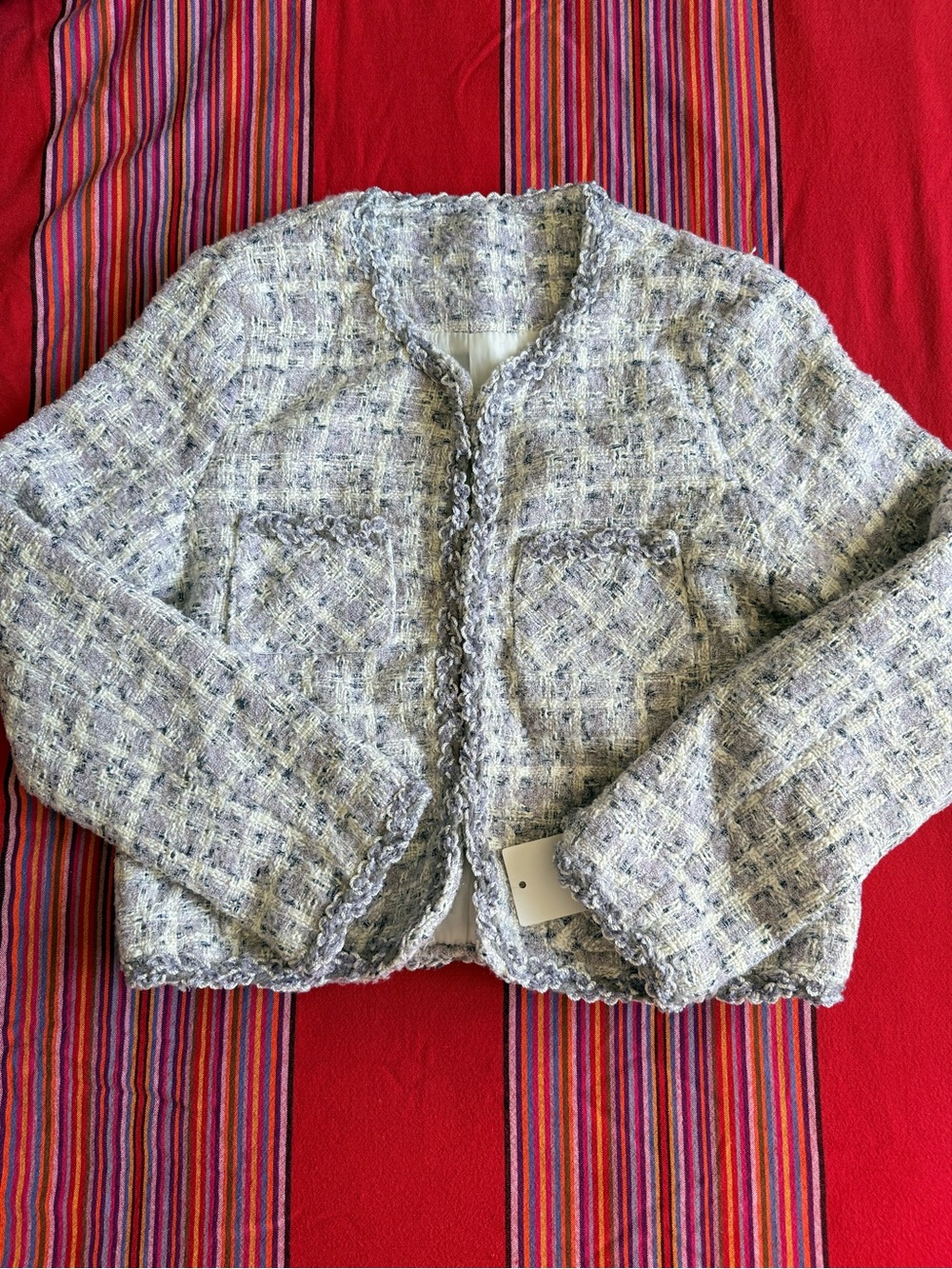 Cropped Tweed Jacket - Light Gray & Pastel
